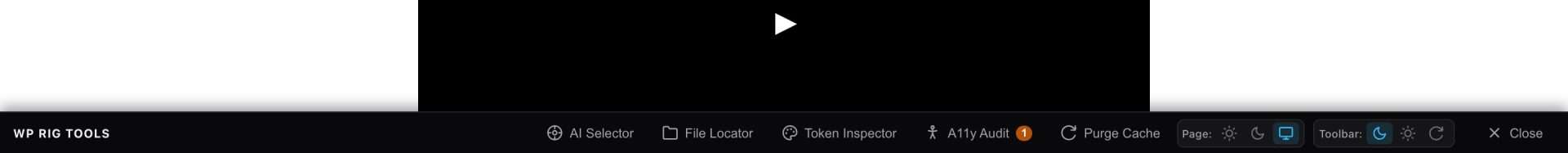 The WP Rig Tools toolbar docked at the bottom of a local dev page, showing the AI Selector, File Locator, Token Inspector, A11y Audit, Purge Cache controls and light/dark switches