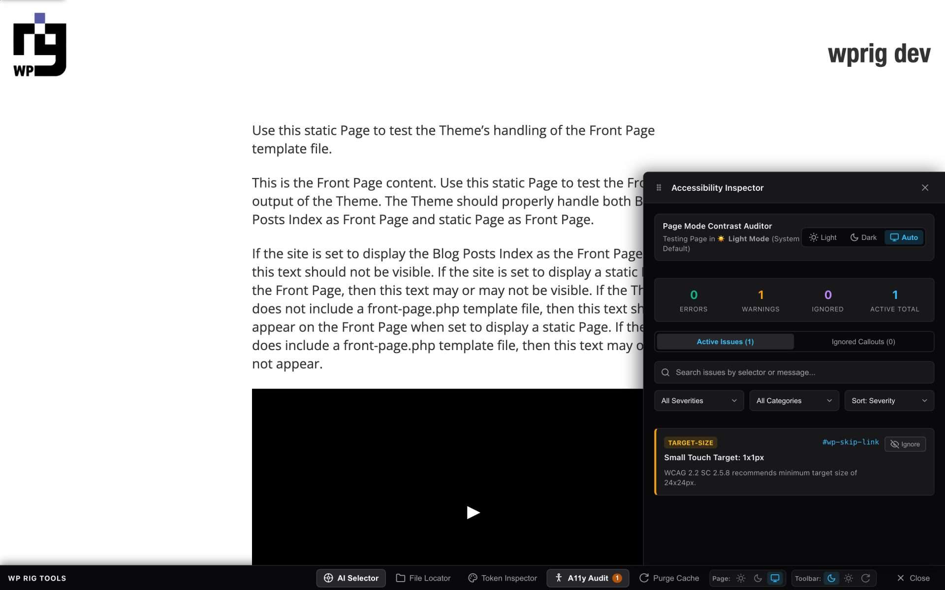 The Accessibility Inspector showing 1 warning: a small touch target on the skip link, with WCAG 2.2 SC 2.5.8 reference