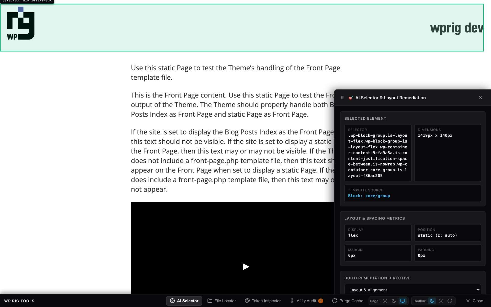 The AI Selector inspector showing a selected header element: selector, dimensions, template source, and layout metrics