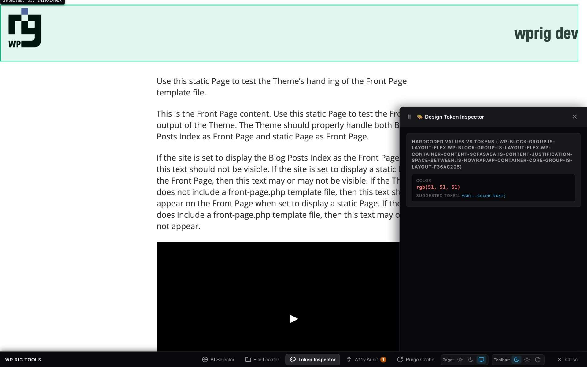 The Design Token Inspector flagging a hardcoded rgb(51, 51, 51) color and suggesting var(--color-text)